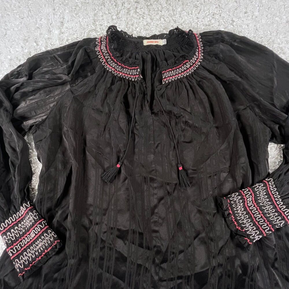 Johnny Was L Silk Zig Zag Embroidered Blouse Black Tassels Boho Peasant Top Luxe - Picture 5 of 14